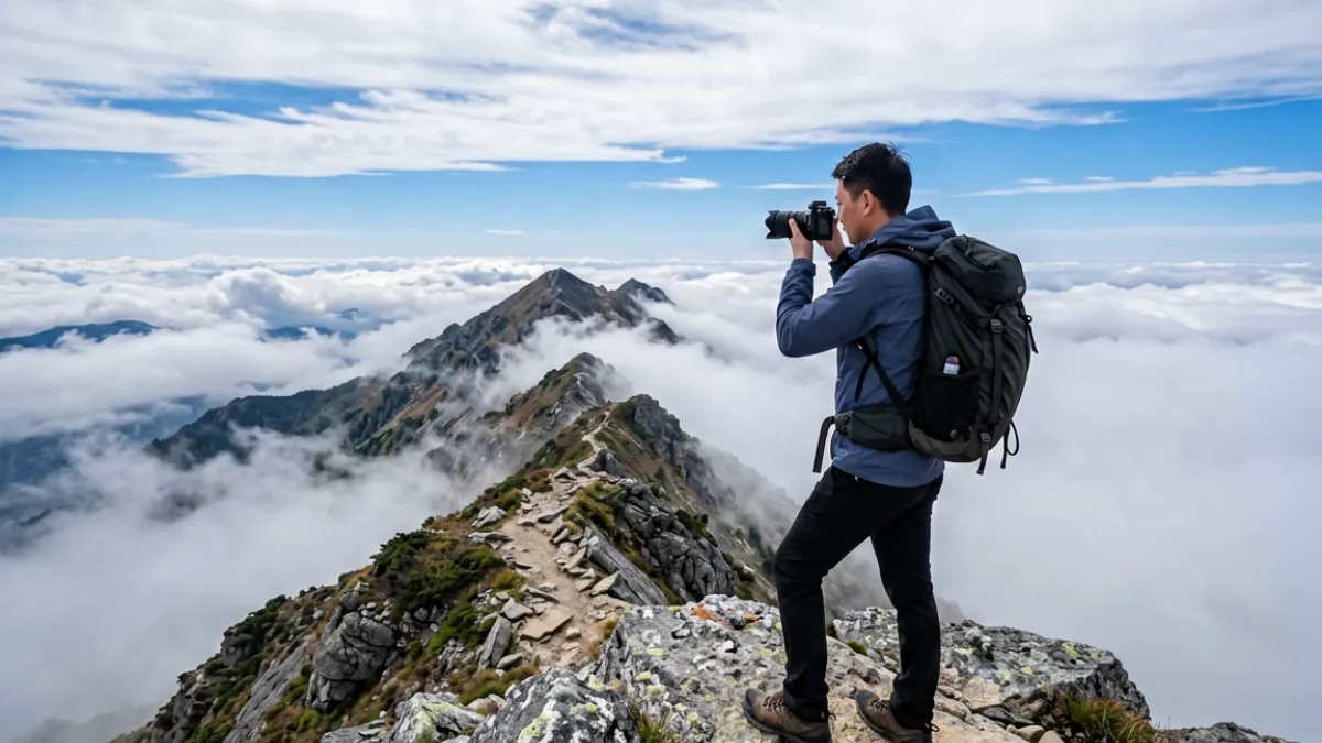 久久在线旅行vlog内容画面，摄影师站在山顶俯拍云雾中的山脊线，画面开阔壮观